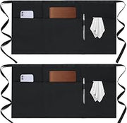 2 Pack Server Apron - Waist Half Aprons for Waitress with 3 Pockets, Black Short Serving