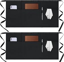 2 Pack Server Apron - Waist Half Aprons for Waitress with 3 Pockets, Black Short Serving