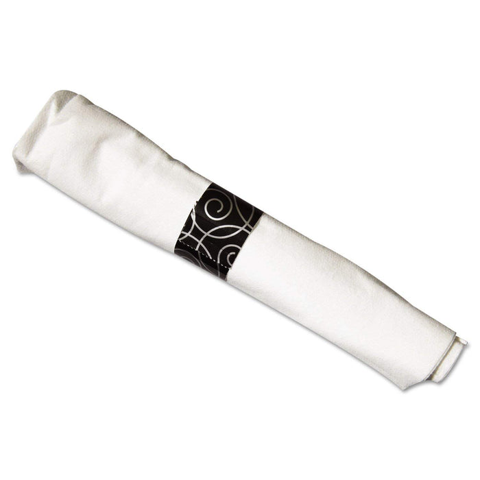 Hoffmaster CaterWrap Linen-Like White Dinner Napkin and Heavyweight Black Cutlery, 17 x 17 inch - 50 per pack - 2 packs per case.