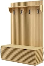 Furnifact Fluted-Panel Hall Tree with Storage Bench and Coat Rack, Entryway Bench with Hooks and Shoe Storage for Mudroom or Foyer, Oak