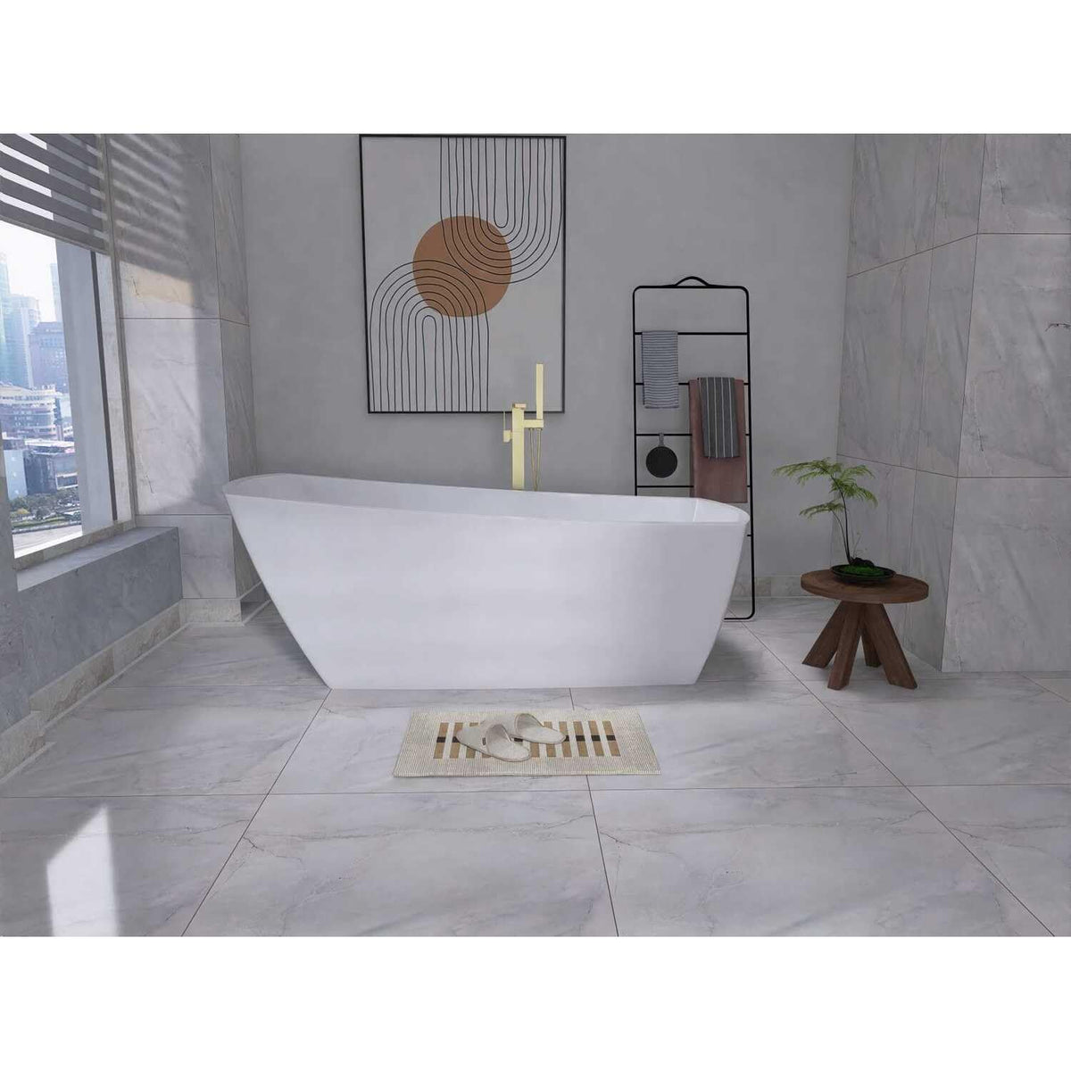 72" Soaking Single Slipper Bathtub in Glossy White/Gold by Elegant Kitchen and Bath – Acrylic, White, Model BT21272GW-BGD