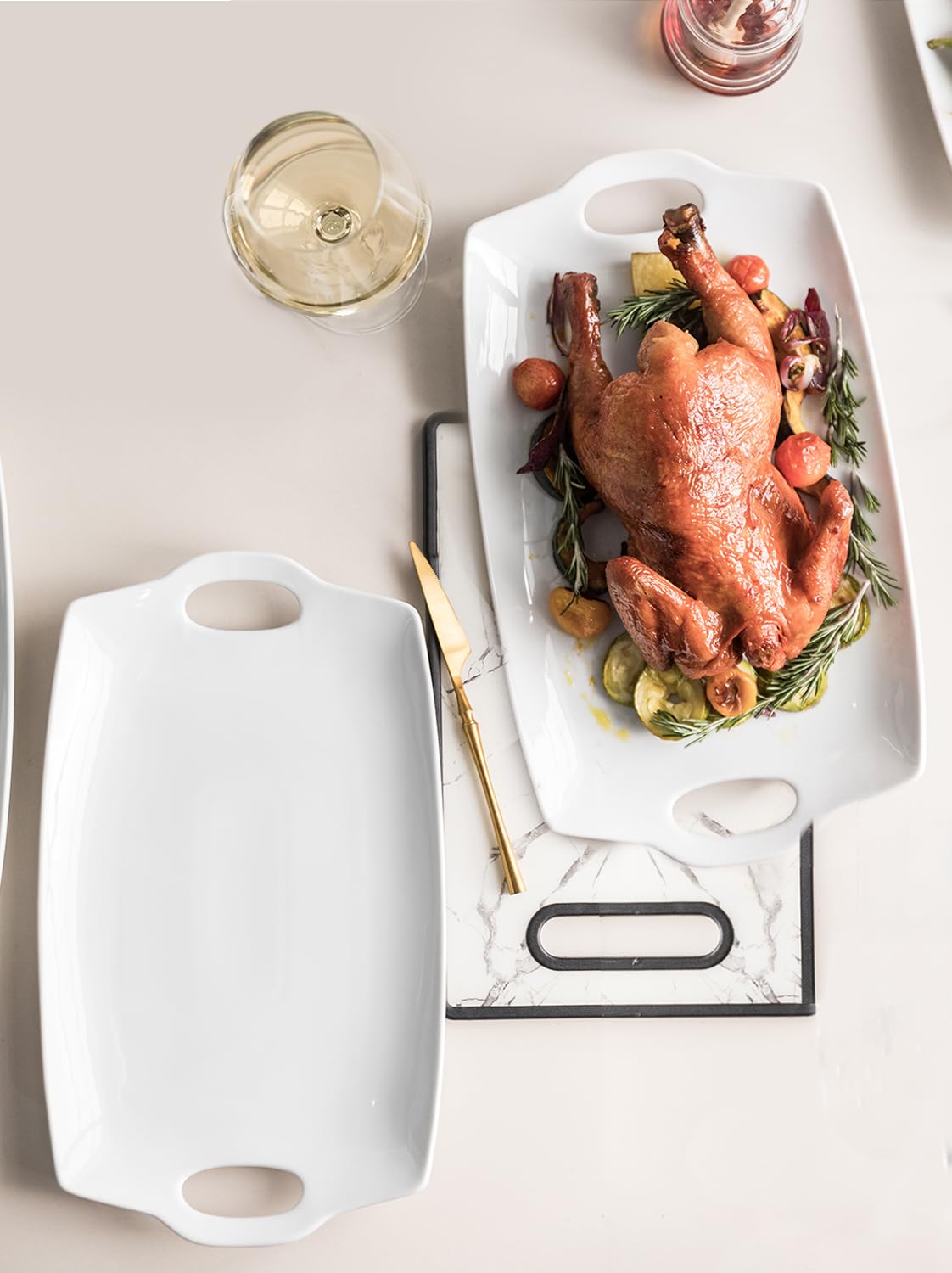 LYEOBOH Serving Platter, Melamine Rectangular Tray with Handles, White 16 Inch