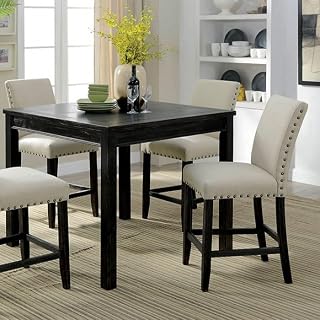 Rustic Counter Height Dining 5 Piece Set with Square Dining Table & Linen-Like Upholstered Chairs - Nail Head Trim & Antique Black Finish - Dining Furniture for Everyday Dining Use