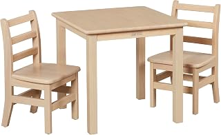 ECR4Kids 24in x 24in Hardwood Table and Chair Set, 12in Seat Height, Kids Furniture, Antique White, 3-Piece
