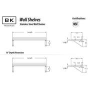 BK Resources Stainless Steel Wall Shelf – 16" W x 72" L, Stainless Steel, Silver, Model BKWSE-1672
