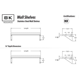 BK Resources Stainless Steel Wall Shelf – 16" W x 72" L, Stainless Steel, Silver, Model BKWSE-1672