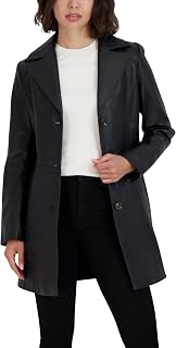 TAHARI Women's Genuine Lambskin Leather Trench Coat With Notch Collar, Button Closure & Tie Belt