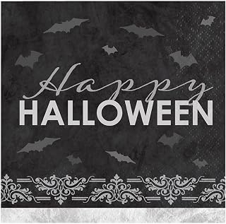 Creative Converting Happy Halloween Beverage Napkins, 5" x 5", Black, White, and Gray