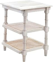 Chesterfield Mango Wood Side Table – Square Natural Rattan 3 Shelf Storage - Handcrafted Living Room Furniture, Functional Table with Full Assembly Required(Whitewash)