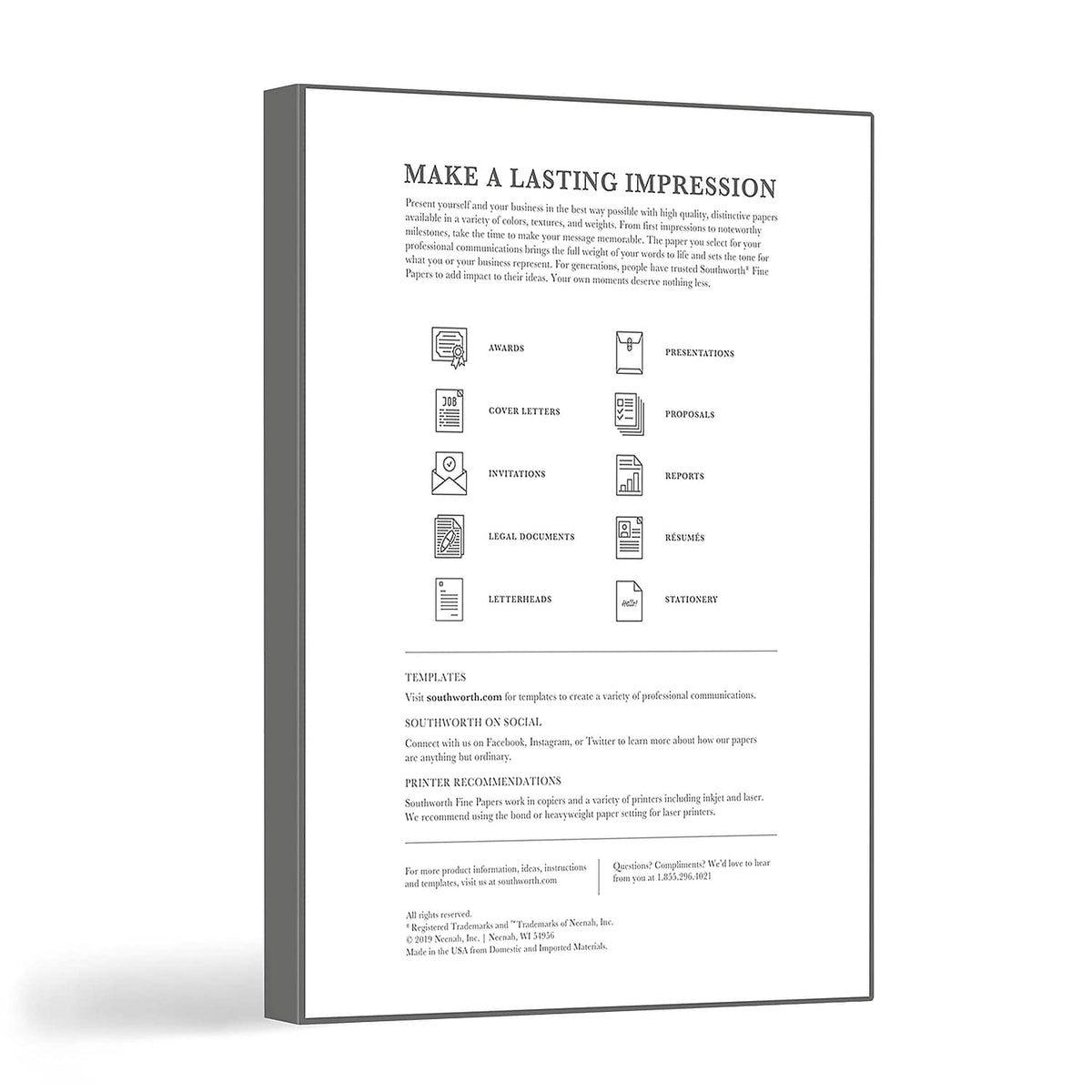 ® 100% Cotton Résumé Paper by Southworth – 8.5" X 11", Cotton, White, Model RD18CF