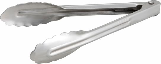 Winco Coiled Spring Heavyweight Stainless Steel Utility Tong, 7-Inch | Dishwasher safe, Coiled spring, Scalloped edges, Restaurant service, Great for Salads and Buffets
