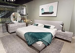 Limari Home Ophelia Collection Modern Italian Fabric Upholstered Bed, Tiger Wood Matte Finished 2 Nightstands, Dresser and Mirror 5-piece Bedroom Set, Queen, Grey