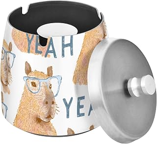 Capybara Glasses Pattern Splash Ashtray with Lid, Outdoor Ashtrays for Patio