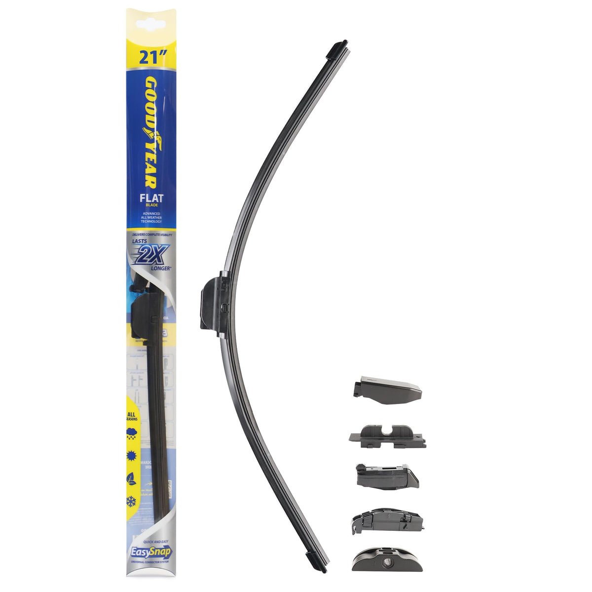 Universal Flat Wiper Blade 21 Inch Windshield Flat Blade Technology EasySnap Universal Connector Dual Synthetic Rubber Graphite Coating All Season Durable Long Lasting Performance