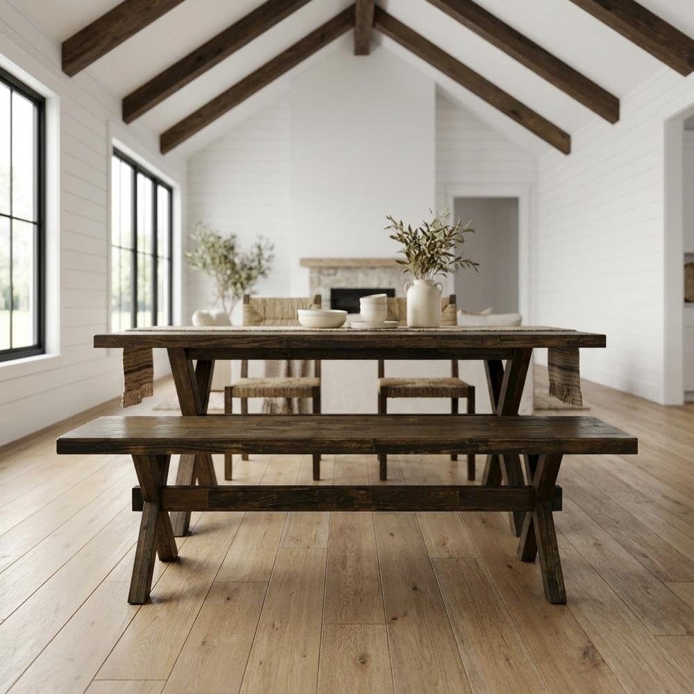 Wooden Dining Bench with X-Style Base by Furnifact – Wood, Distressed Espresso