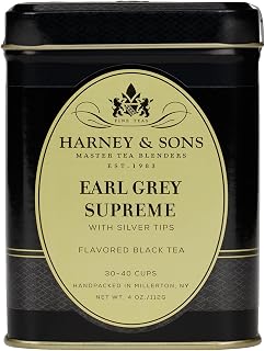 Harney & Sons Black Tea, Earl Grey Supreme with Silver Tips, 4 oz | Black tea with Ceylon Silver Tips and natural bergamot oil. Contains caffeine.