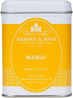 Harney & Sons Mango Fruit Herbal Tea Loose Leaf Tin, 4 oz | Herbal fruit blend with mango, hibiscus, and rosehips. Naturally caffeine-free.
