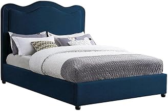 Starlight Canyon Home Linen-Textured Fabric Platform Bed with Camelback Headboard, Upholstered Bed Frames Full Size with Footboard, Navy Linen Textured Fabric
