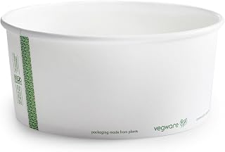 Vegware Compostable 48oz PLA Lined Paper Food Bowls, Case of 300, Disposable, White Wide Round Soup Containers, Renewable Plant-Based, 185-Series Lids Available