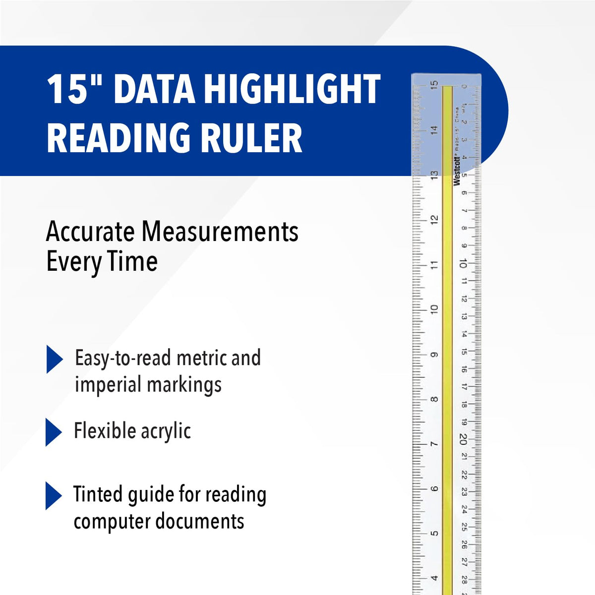 Acrylic Data Highlight Reading Ruler With Tinted Guide by Westcott – 1 Count (Pack of 1), Plastic, Clear, Model 10580