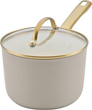 Farberware Forged Induction Ceramic Nonstick Sauce Pan/Soup Pot, Dishwasher Safe, Gold Color Stainless Steel Handle, 3 Quart - Taupe