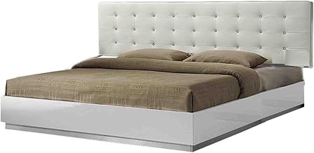 Spain Modern Bedroom Bed with Full Faux Leather Crystal-Tufted Headboard, White Lacquered Frame & Silver Base, Upholstered Platform Bed, Contemporary Master Suite Furniture, (Queen)