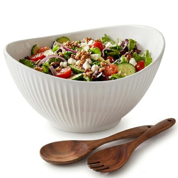 Hoilse Ceramic Serving Bowl with Wood Servers, 60oz Oval White