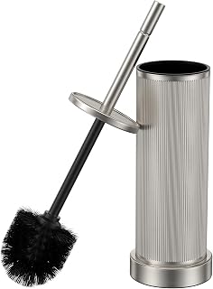 Metal Vertical Grain Toilet Bowl Brush and Holder Set Scrubber Nickel | Extra Long Handle with Splash Guard Cover, Bathroom Space-Saving, Heavy Durable Deep Cleaning, Cleaner Sets for Apartments