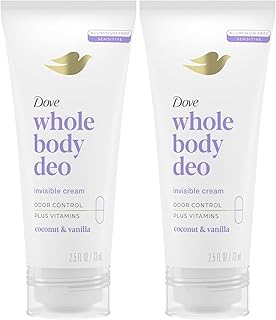 Dove Whole Body Deo Aluminum Free Invisible Cream Deodorant Coconut & Vanilla for 72h Odor Control, 2.5 oz (Pack of 2)