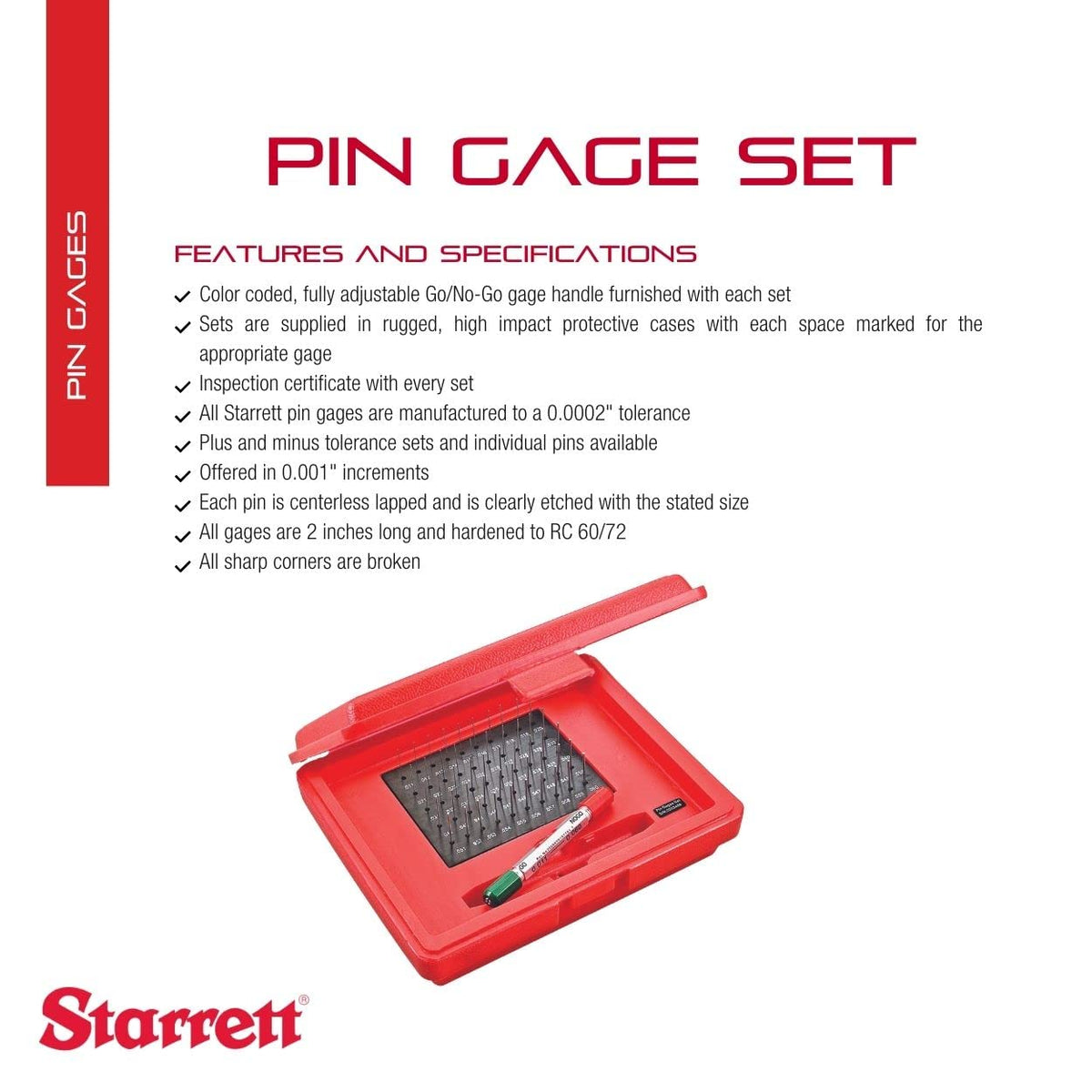 Precision Steel Pin Gage Set by Starrett – 5.5"L x 4.4"W x 3"H, Steel, Model S4001-060