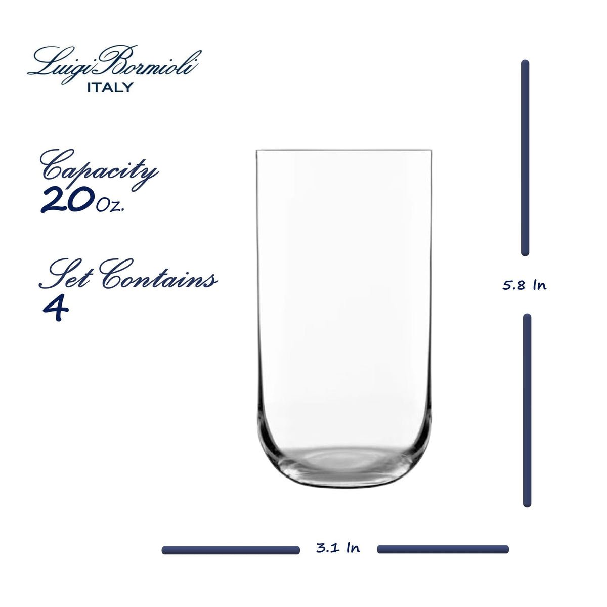 Sublime Highball Glasses by Luigi Bormioli – 20 Oz., 20 fluid_ounces, Glass, Clear, Pack of 4