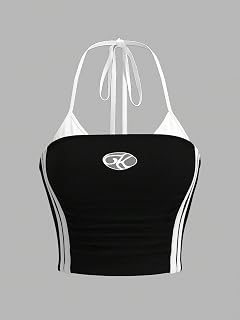 Women's Tie Backless Hollow Halter Top Sleeveless Striped Crop Tops Y2K Clothes