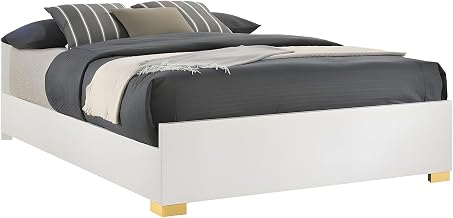 Furnifact Wood Full Size LED Panel Bed with Headboard, Metal Gold-Leg Bed Frame Full Size for Bedroom Furniture, White