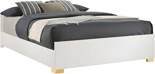 Furnifact Wood Full Size LED Panel Bed with Headboard, Metal Gold-Leg Bed Frame Full Size for Bedroom Furniture, White
