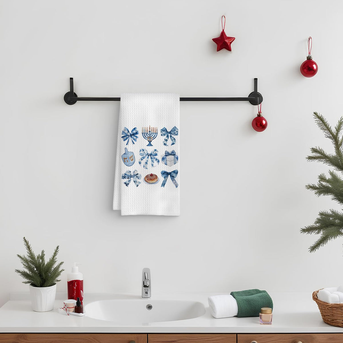 Fuasei Hanukkah Dish Towels, Blue Bow Design, 16 x 24 Inch