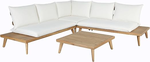 Tavira Outdoor Off-White Fabric, Eucalyptus Sectional Sofa & Coffee Table Set
