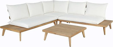 Tavira Outdoor Off-White Fabric, Eucalyptus Sectional Sofa & Coffee Table Set