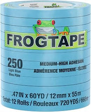 FrogTape 250 Light Blue Moderate Temperature Performance Grade Masking Tape, Medium-High Adhesion, 12mm x 55m, 12 Rolls per Pack