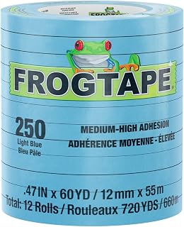 FrogTape 250 Light Blue Moderate Temperature Performance Grade Masking Tape, Medium-High Adhesion, 12mm x 55m, 12 Rolls per Pack