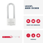 64TI/40HB63 40 x 63mm Titalium Padlock with Long Shackle by ABUS – 40 mm Lock Body, High Shackle 63 mm, Aluminium Alloy Steel, Gray, Pack of 12