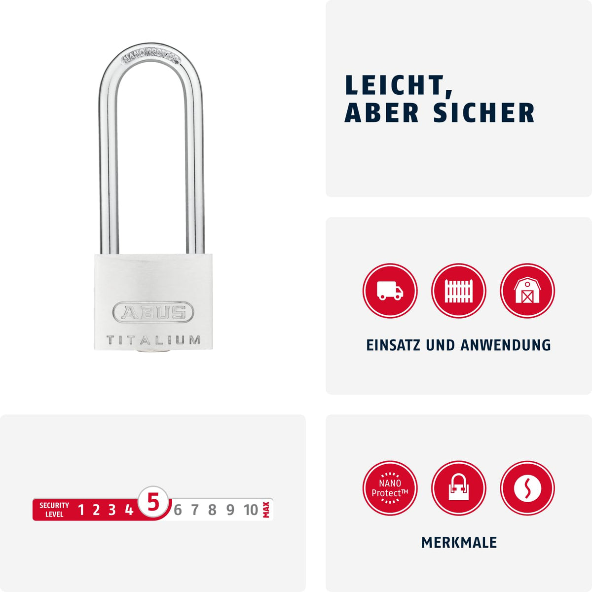 64TI/40HB63 40 x 63mm Titalium Padlock with Long Shackle by ABUS – 40 mm Lock Body, High Shackle 63 mm, Aluminium Alloy Steel, Gray, Pack of 12