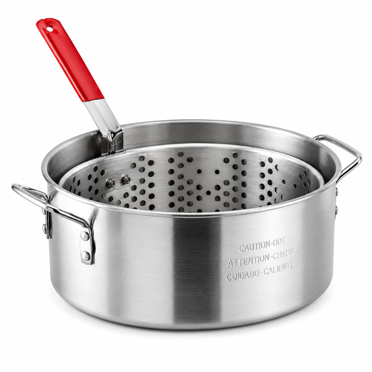 10 Qt. Aluminum Fry Pot and Steamer Pot with Basket by Glownary – 10 Qt., Aluminum, Silver With Red Accents, Pack of 2, Model 554bp10al