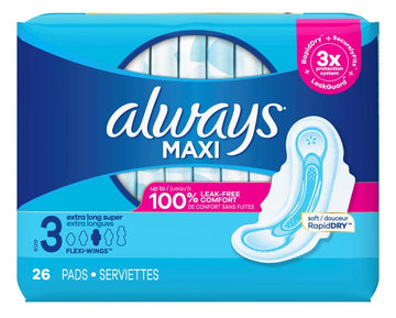 Pads Maxi Extra-Long Size 3-26 Count Super (6 Pack) by Always – Long, Cotton, Other, Pack of 6, Model 98347