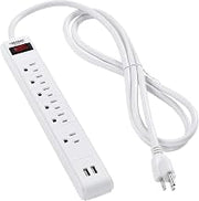 Global Industrial 12" 5+1 Outlet Strip & Surge Protector w/USB Ports, 900 Joules, 6-ft Cord, White