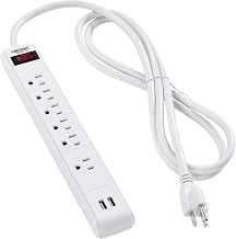 Global Industrial 12" 5+1 Outlet Strip & Surge Protector w/USB Ports, 900 Joules, 6-ft Cord, White