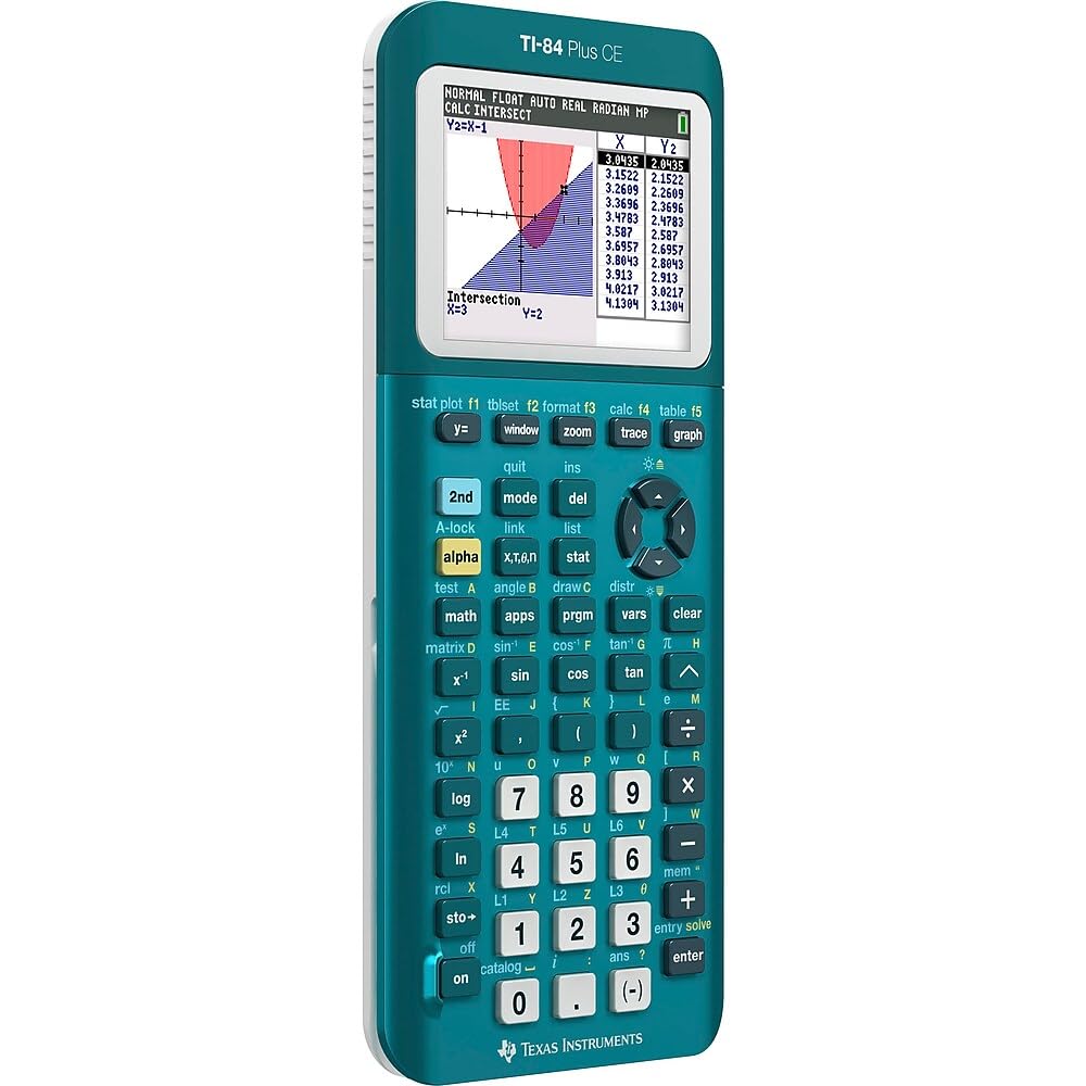 TI-84 Plus CE Graphing Calculator by Texas Instruments – Plastic, Teal, Model 84PLCE/TBL/1L1/AX