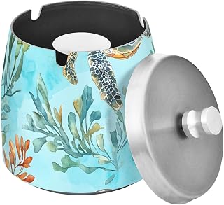 Sea Turtles Seaweeds Aqua Splash Ashtray with Lid, Outdoor Ashtrays for Patio
