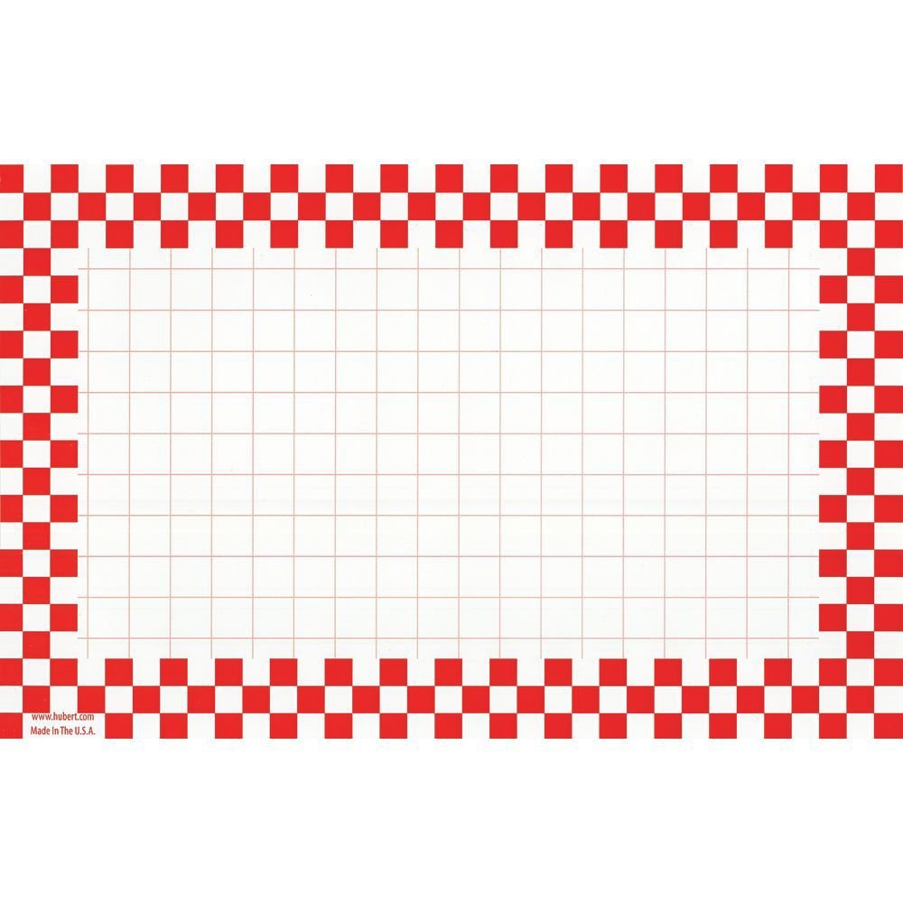 Sign Cards with Red Checkerboard Border - 11"L x 7"H by HUBERT – 7 x 11 inches, Paper, White, Pack of 100, Model 68577-CIS-GRID