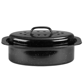JY Cookment Granite Roaster Pan, Small 13 Inch Oval with Domed Lid, Black