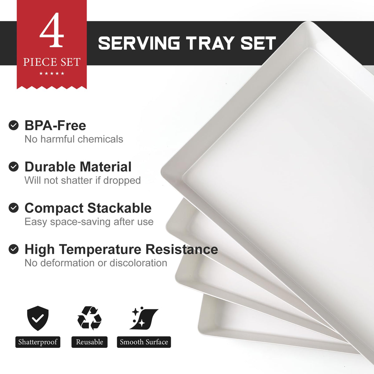 VITEVER Serving Trays, Plastic 16 x 11 Inch, White 4 Pack